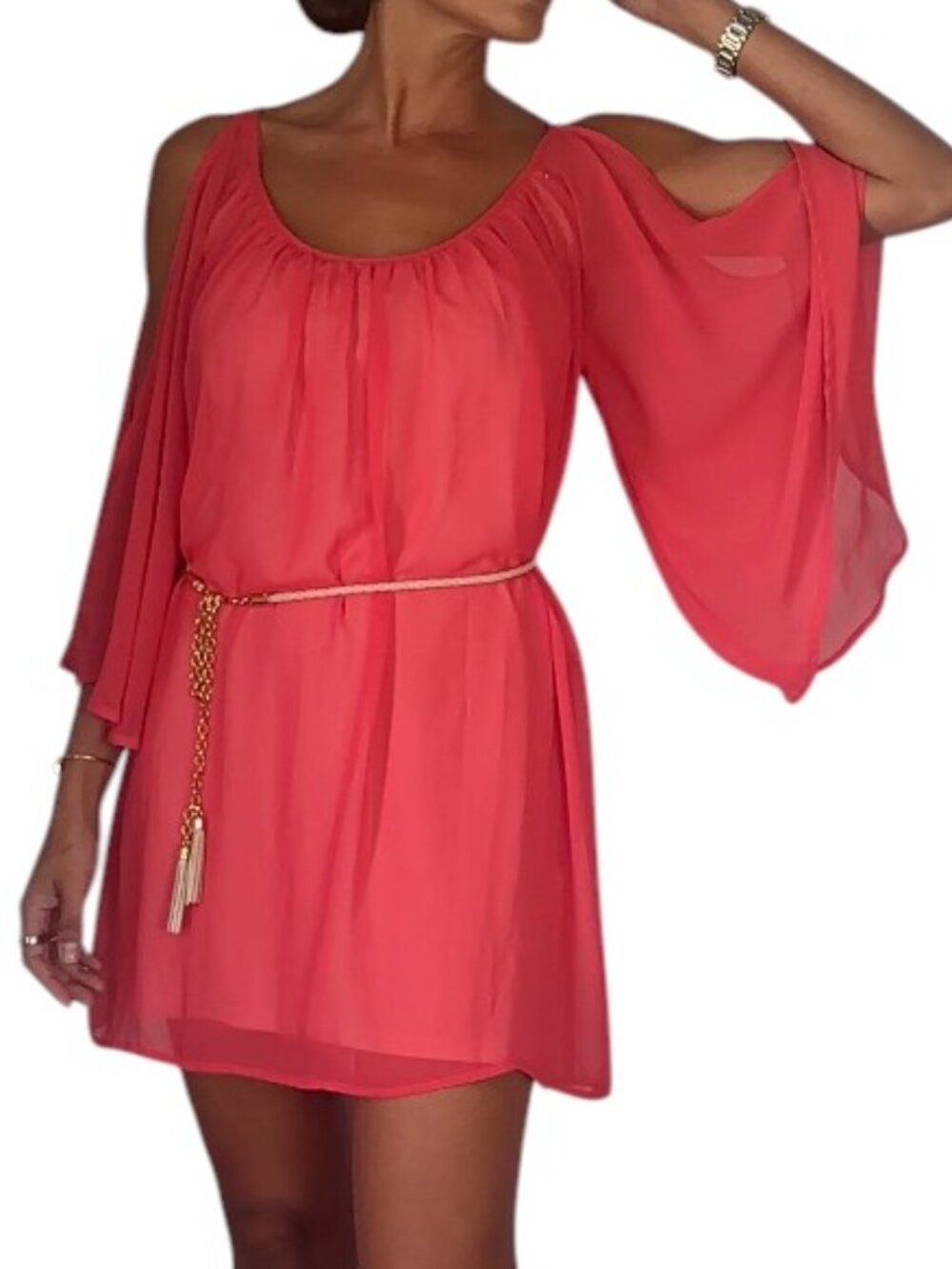 bebe Coral Chiffon Cold Shoulder Top Flutter Sleeve Belted Size M